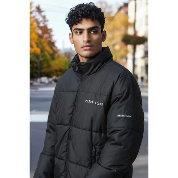 Men's Perry Ellis Signature Logo Bubble Puffer Bomber Jacket Black Size XXL